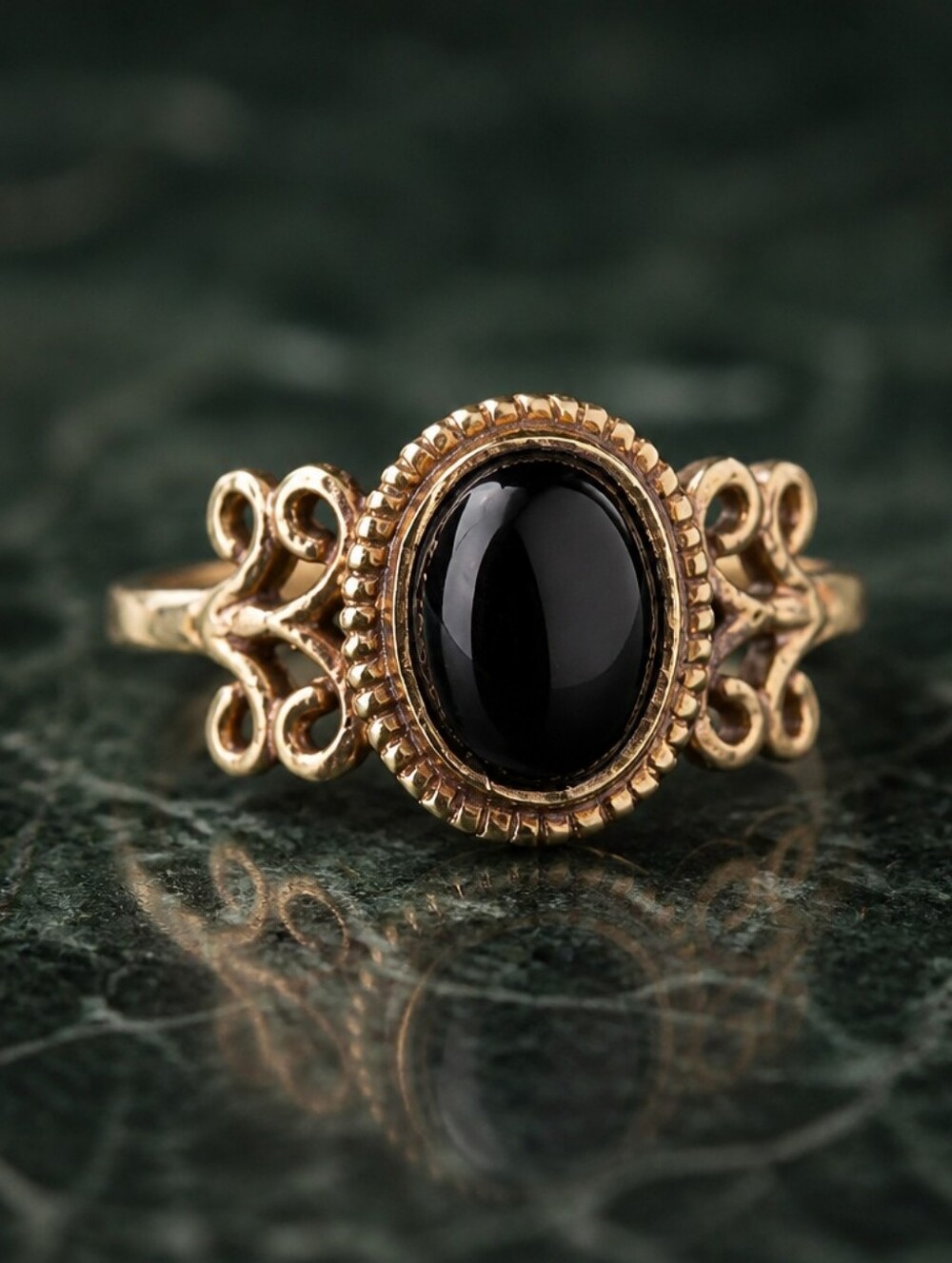 Vintage Black Onyx Cabochon Ring Size 7 Boho Filigree Oval Statement